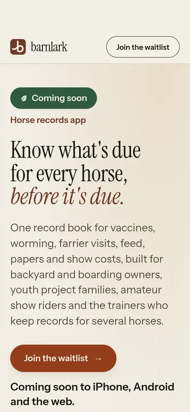 Barnlark coming-soon page on a phone